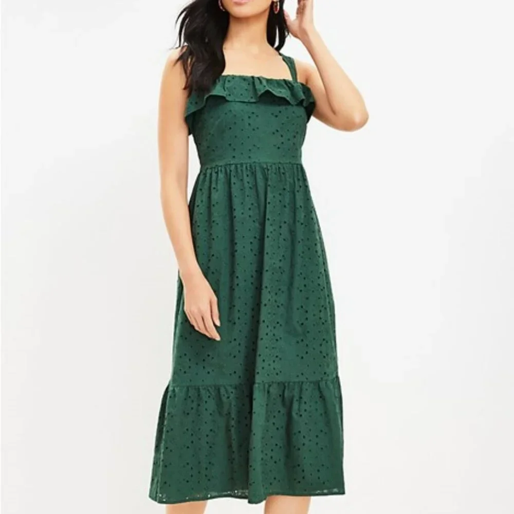 Eyelet Ruffle Square Neck Midi Dress - Picture 1 of 7